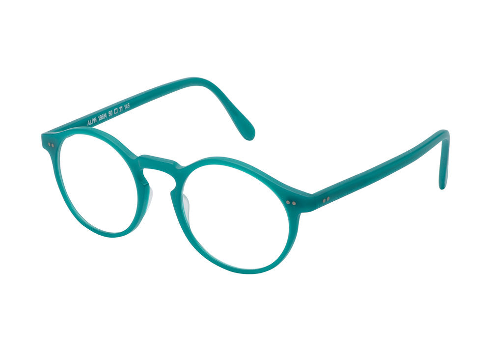 Lunettes de vue de forme ronde, de couleur vert émeraude mat, vues de profil