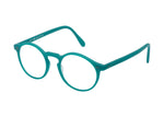 Lunettes de vue de forme ronde, de couleur vert émeraude mat, vues de profil