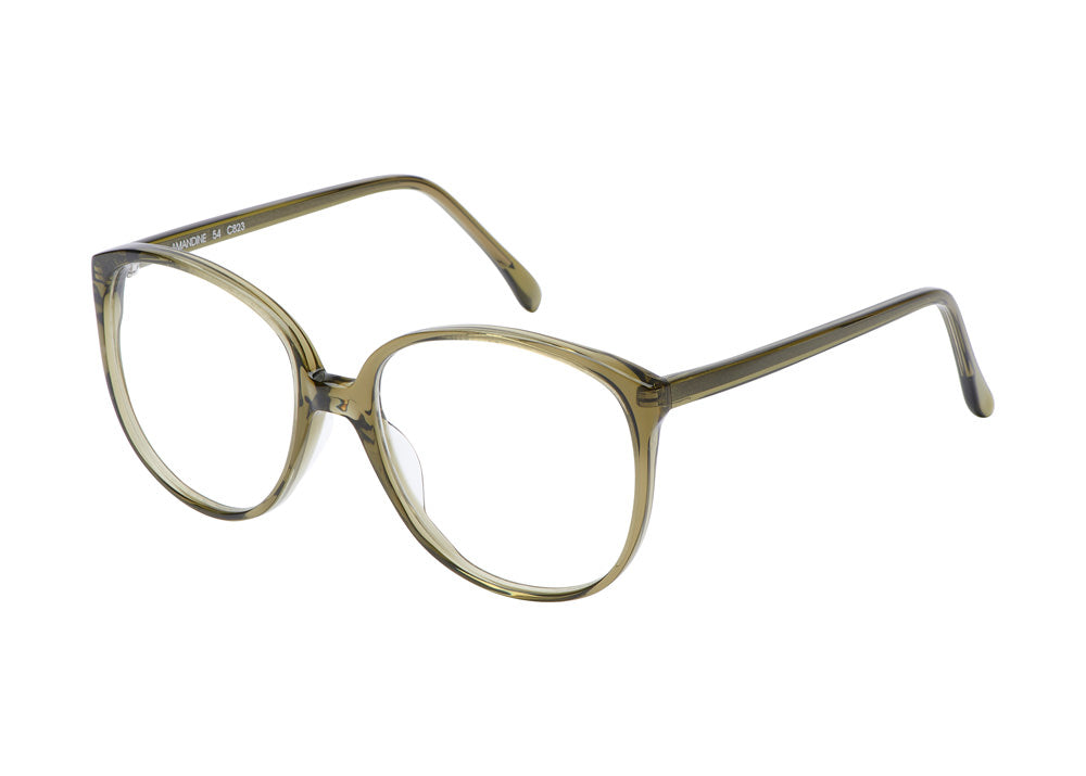 Lunettes de vue de forme carrée, écaillées, de couleur olive, vues de profil