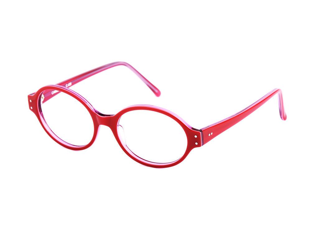 Lunettes de vue de forme ovale, de couleur rouge, vues de profil