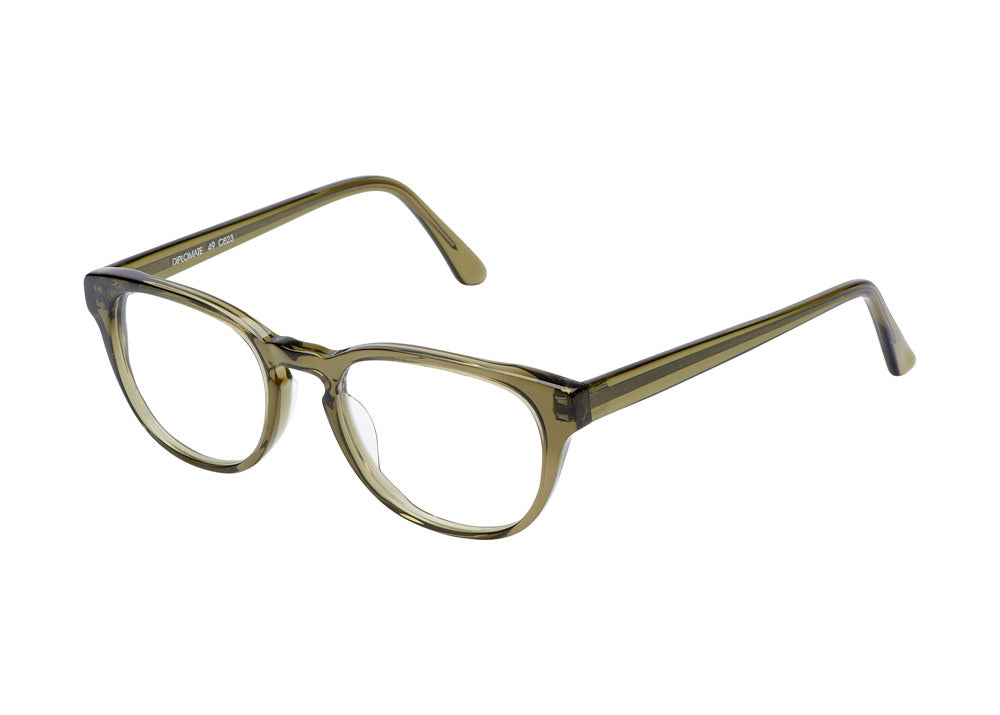 Lunettes de vue rondes transparentes, de couleur olive, vues de face