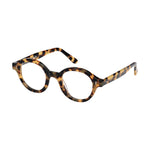 Lunettes de vue rondes ecaillees, de couleur noire, jaune, vues de profil