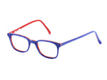 Lunettes de vue rectangulaires, de couleur  bleue, vues de profil