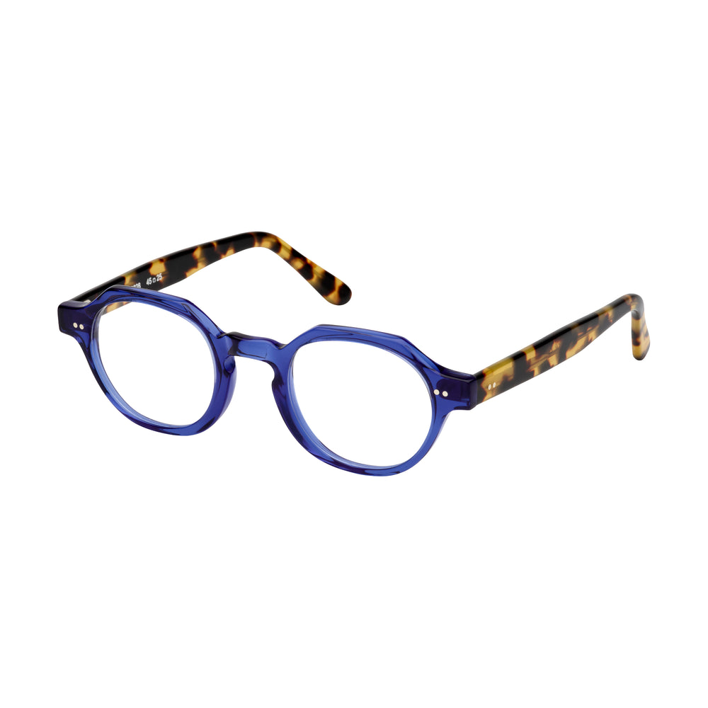 Lunettes de vue rondes, de couleur bleue, vues de profil