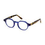 Lunettes de vue rondes, de couleur bleue, vues de profil