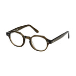 Lunettes de vue rondes, de couleur olive, vues de profil